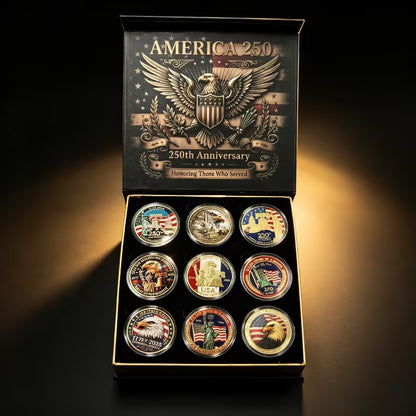 America 250 Commemorative Coin Set With Gift Box - 9PCS 250th Anniversary Patriotic Collectible Coins