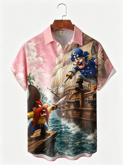 Moisture-Wicking Gradient-Color Dueling Pirates & Sailboats Design  Chest Pocket Hawaiian Shirt