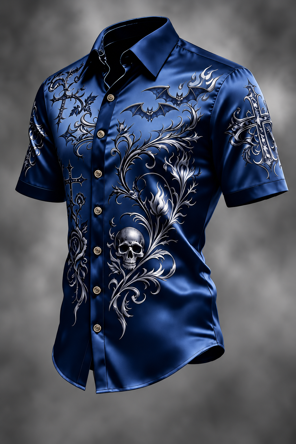 Breathable Silk Satin  Subtle Bat Pattern Halloween Style Casual Shirt