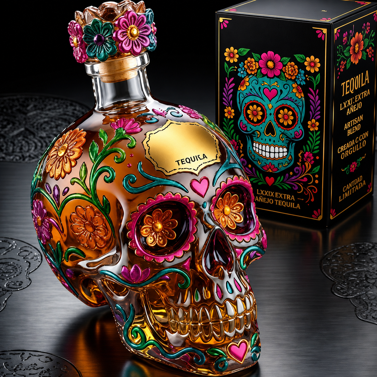 Gothic Floral Skull Glass Decanter Bottle – Day of the Dead Bar & Halloween Decor