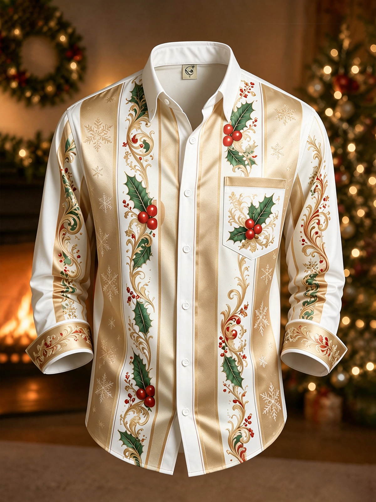 Moisture-Wicking Christmas-Themed Striped Trim and Chest Pocket  Long-Sleeve Casual Shirt
