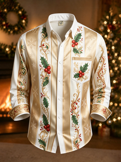 Moisture-Wicking Christmas-Themed Striped Trim and Chest Pocket  Long-Sleeve Casual Shirt