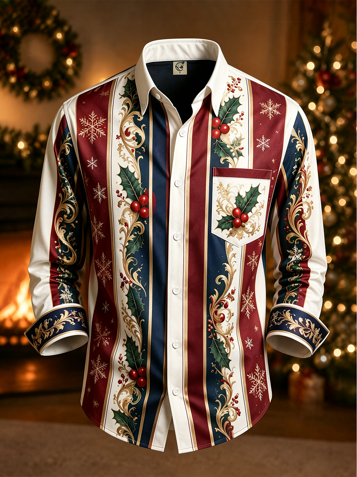Moisture-Wicking Christmas-Themed Striped Trim and Chest Pocket  Long-Sleeve Casual Shirt