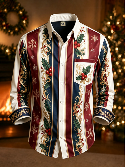 Moisture-Wicking Christmas-Themed Striped Trim and Chest Pocket  Long-Sleeve Casual Shirt