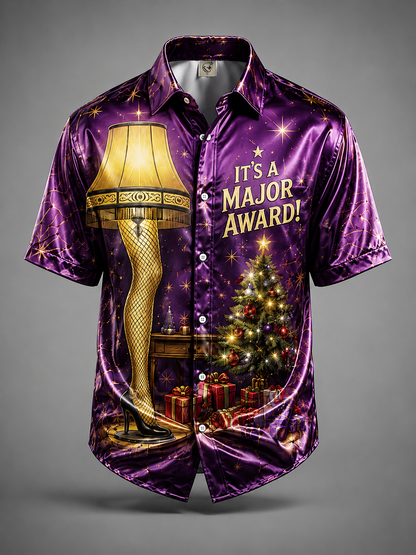 Breathable Silk Satin Christmas Leg Lamp Chest Pocket Hawaiian Shirt