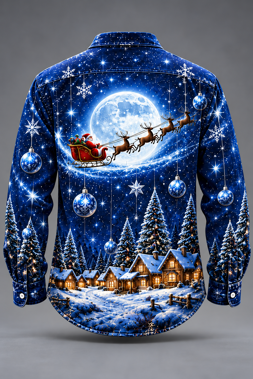 Moisture-Wicking  Christmas Santa Reindeer Tree  Chest Pocket Long-Sleeve Casual Shirt