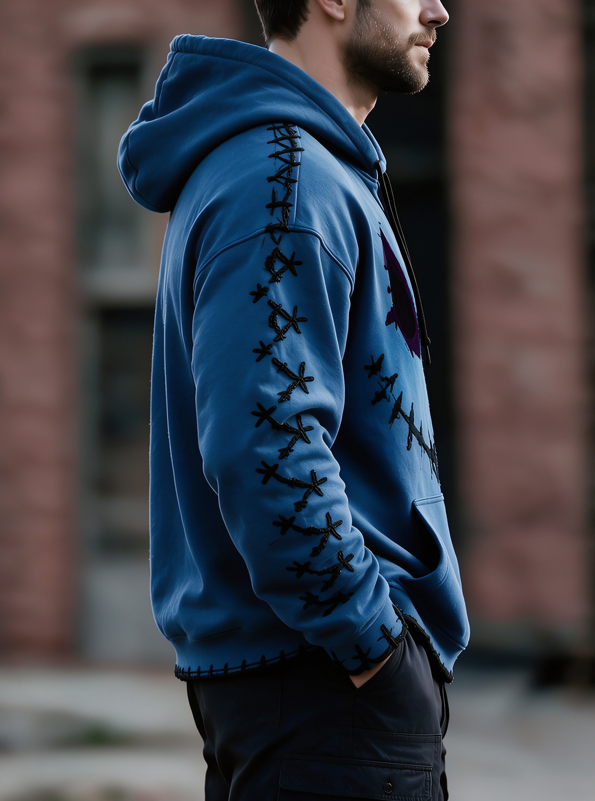 Halloween Stitched Pumpkin Face Cross‑Stitch Gothic Kangaroo-Pocket Hoodie Sweatshirt