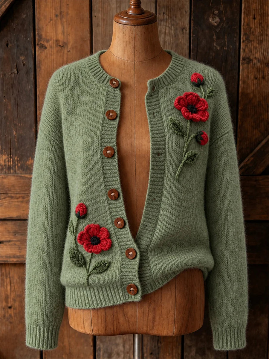 Women's Classy Papaveraceae Floral Print Cardigan-Style Knit Jacket