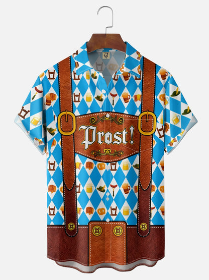Moisture-Wicking Gradient Oktoberfest Bartender Beer & Pretzel Print  Chest Pocket Hawaiian Shirt