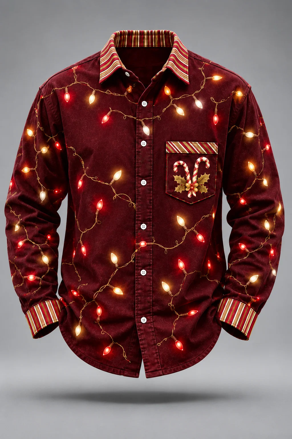 Moisture-Wicking Christmas Lights & Candy Cane Chest Pocket  Long-Sleeve Casual Shirt