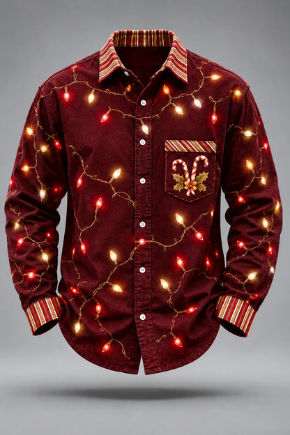Moisture-Wicking Christmas Lights & Candy Cane Chest Pocket  Long-Sleeve Casual Shirt