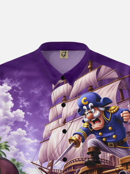 Moisture-Wicking Gradient-Color Dueling Pirates & Sailboats Design  Chest Pocket Hawaiian Shirt