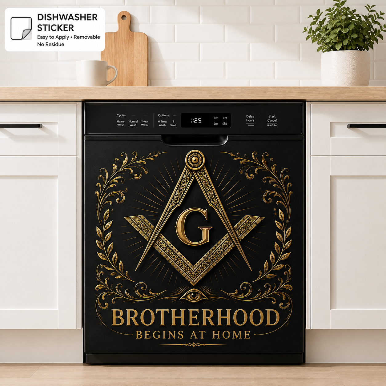 🏛️ Masonic Dishwasher Sticker – Brotherhood Begins At Home Black & Gold Kitchen Decor