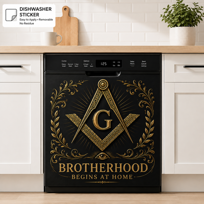 🏛️ Masonic Dishwasher Sticker – Brotherhood Begins At Home Black & Gold Kitchen Decor