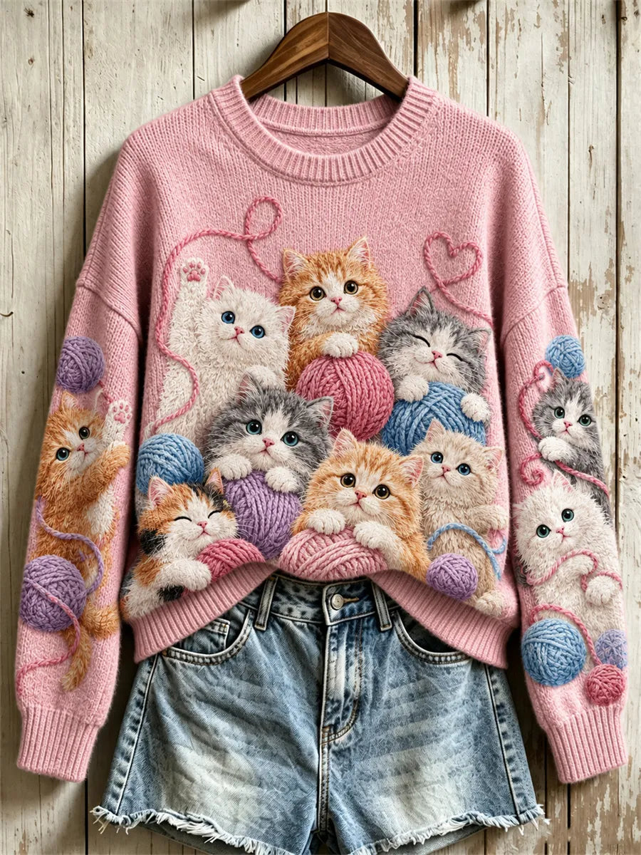 Women's Crowded Fuzzy Cats & Balls of Yarn Print crew neck sweater
