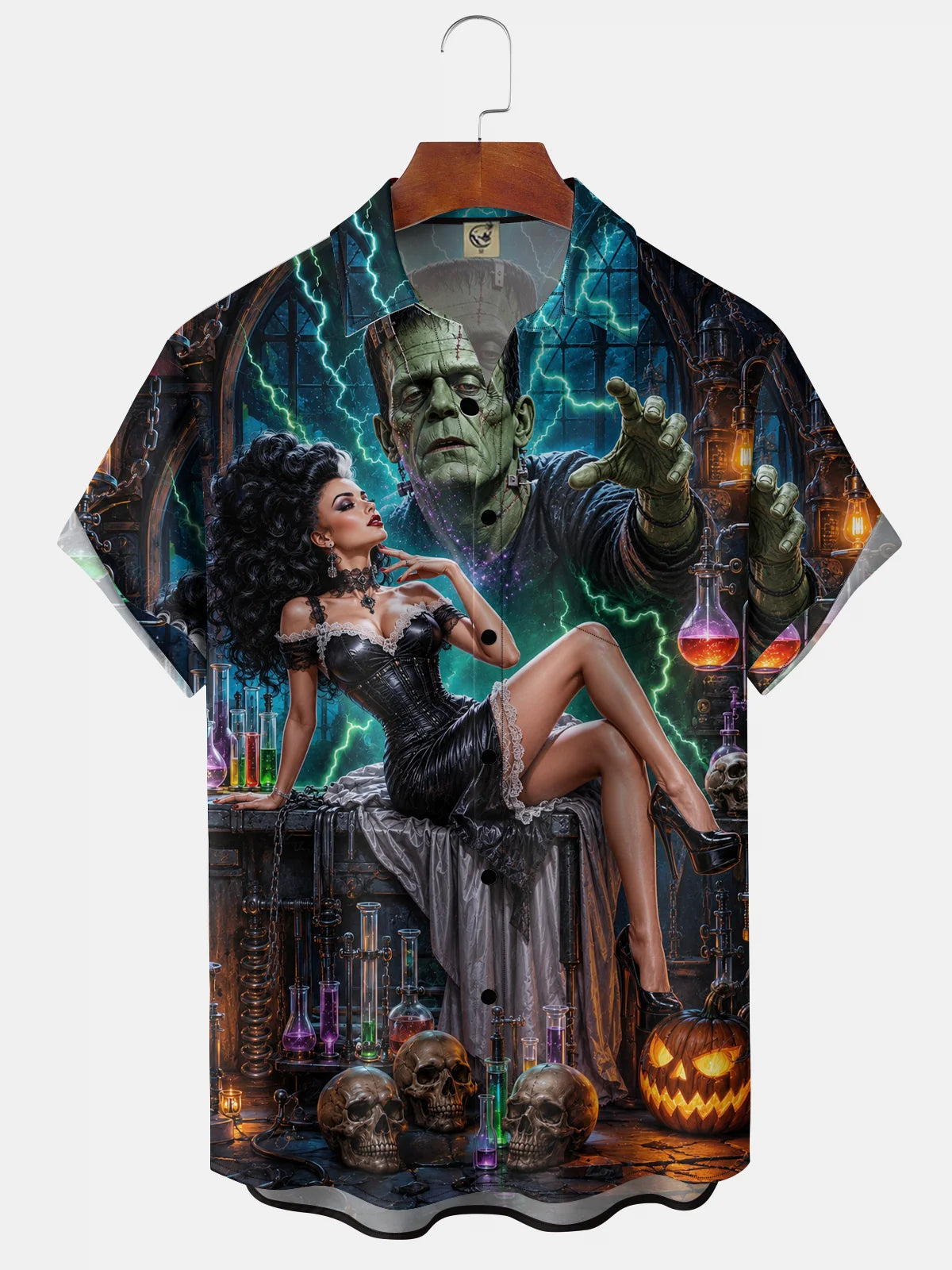 Moisture-Wicking Halloween Pumpkin Skull Frankenstein's Bride Print  Chest Pocket  Hawaiian Shirt