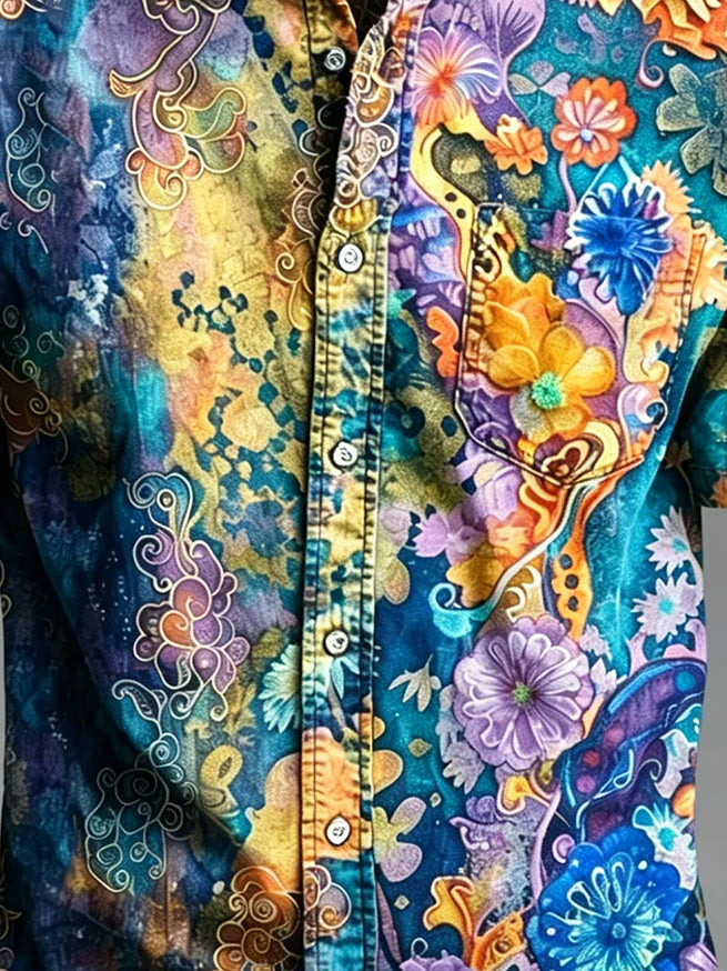 Moisture-Wicking Abstract Gradient Floral Print Chest Pocket Hawaiian Shirt
