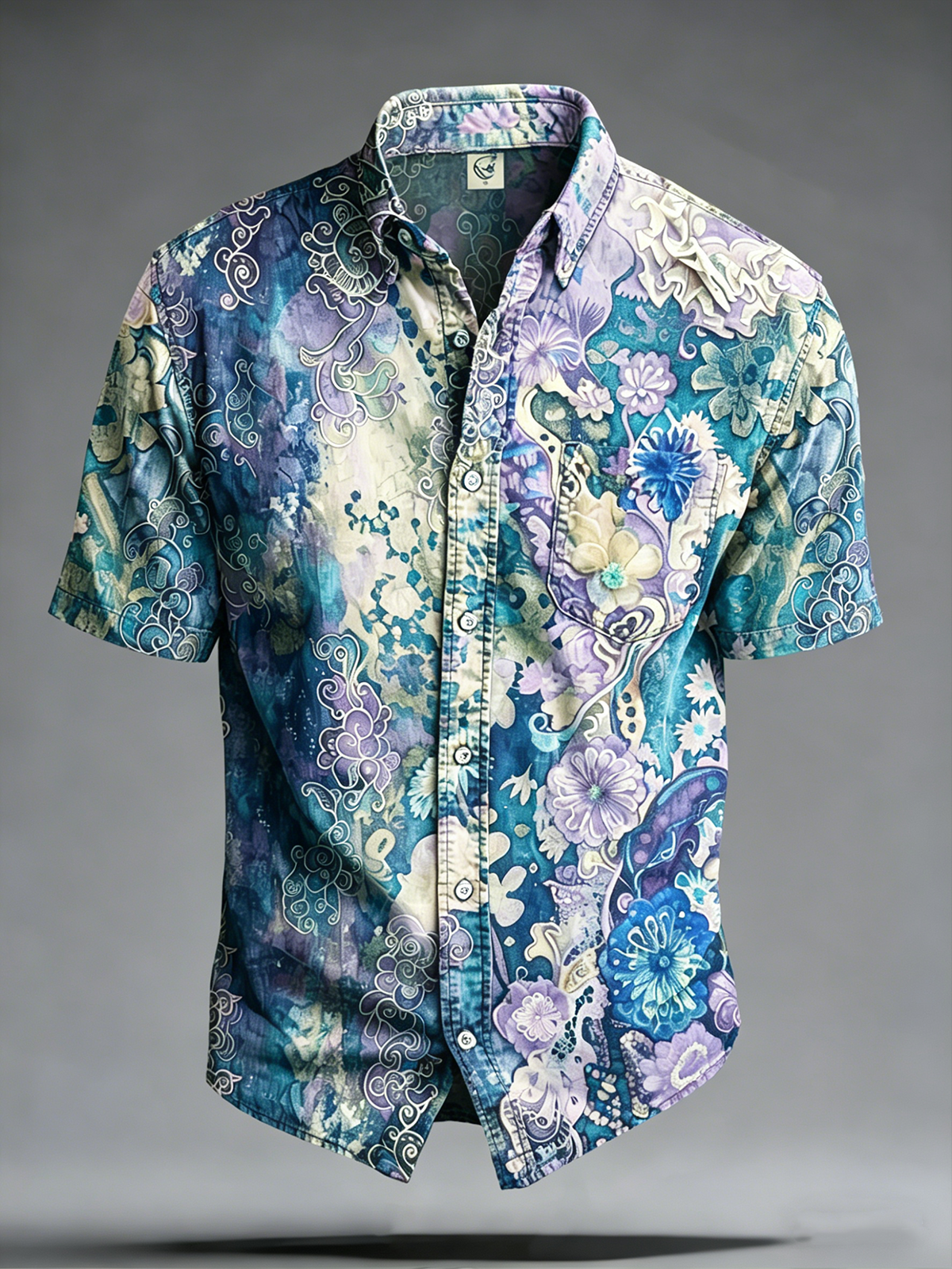 Moisture-Wicking Abstract Gradient Floral Print Chest Pocket Hawaiian Shirt