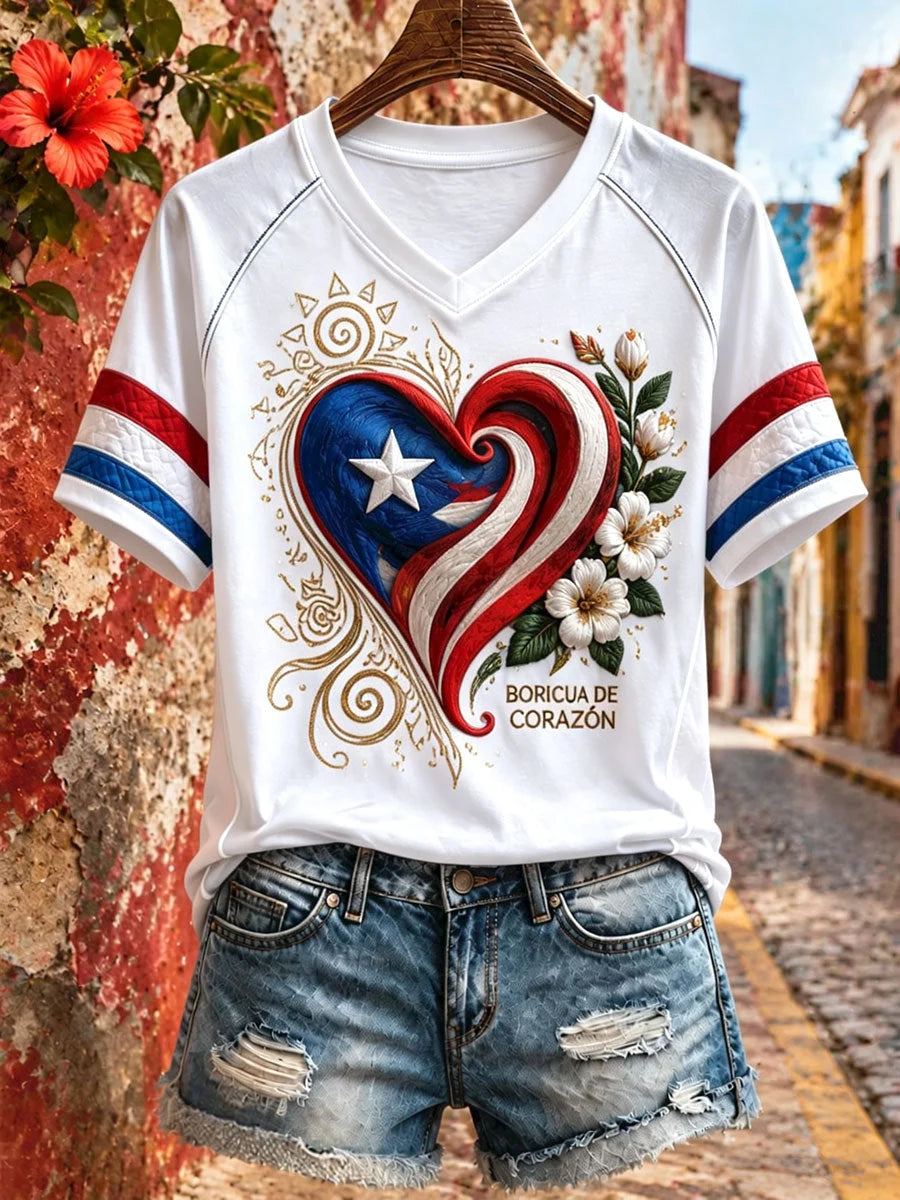 Women's Puerto Rico Floral Boricua Art Printed T-shirt