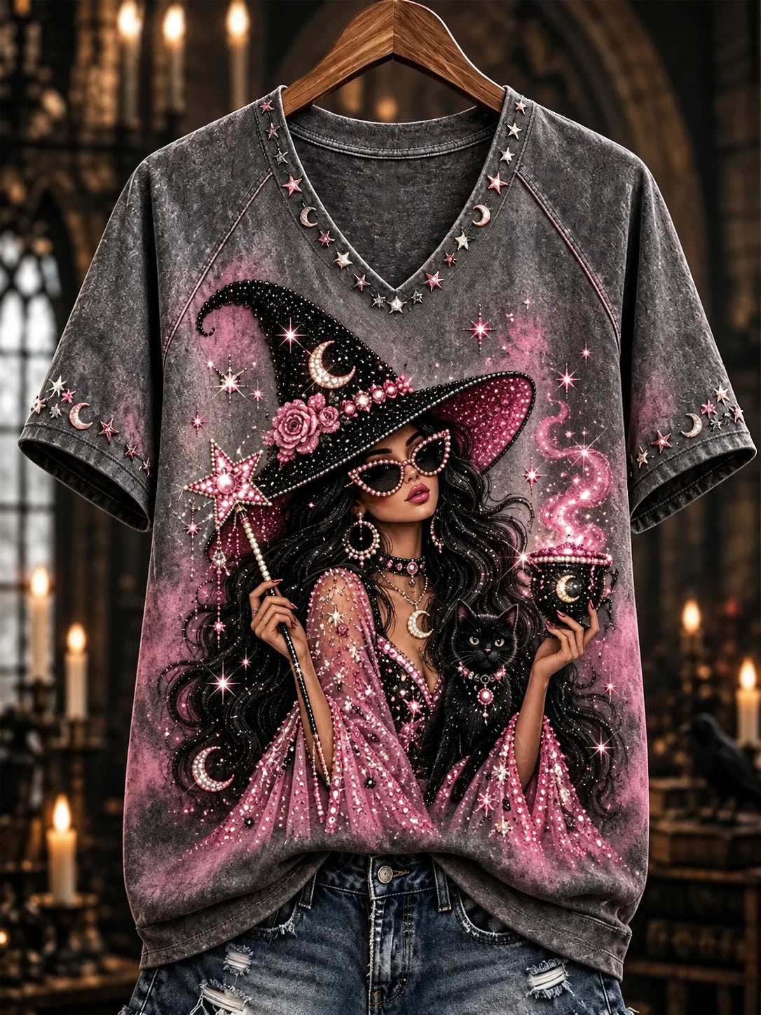 Women's Pink Witch Print T‑Shirt