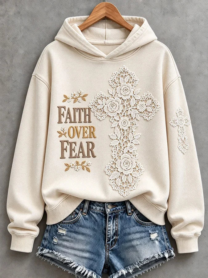 Women's Vintage Faith Over Fear Cross Print Hoodie
