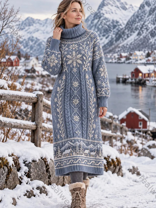 Women's Retro Nordic Snowflake-Print High-Neck Dress