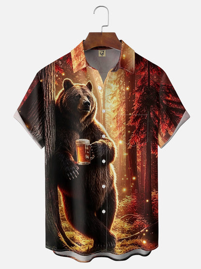Moisture-wicking Brown Bear Fun Beer Chest Pocket Hawaiian Shirt