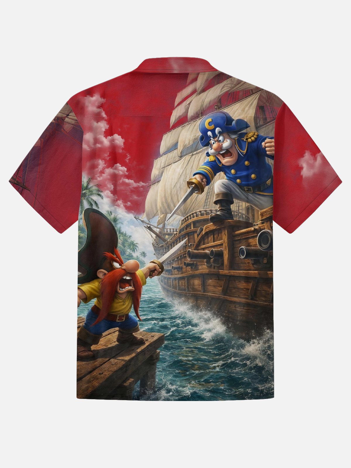 Moisture-Wicking Gradient-Color Dueling Pirates & Sailboats Design  Chest Pocket Hawaiian Shirt
