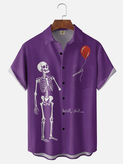Moisture-wicking Halloween Skeleton Chest Pocket Casual Shirt