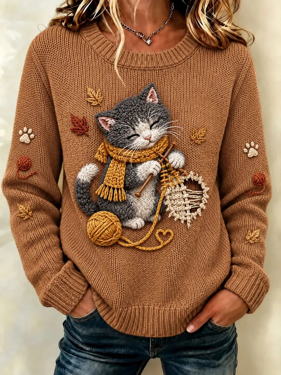 Women's Cute Kitten Yarn Ball Graphic Sweater