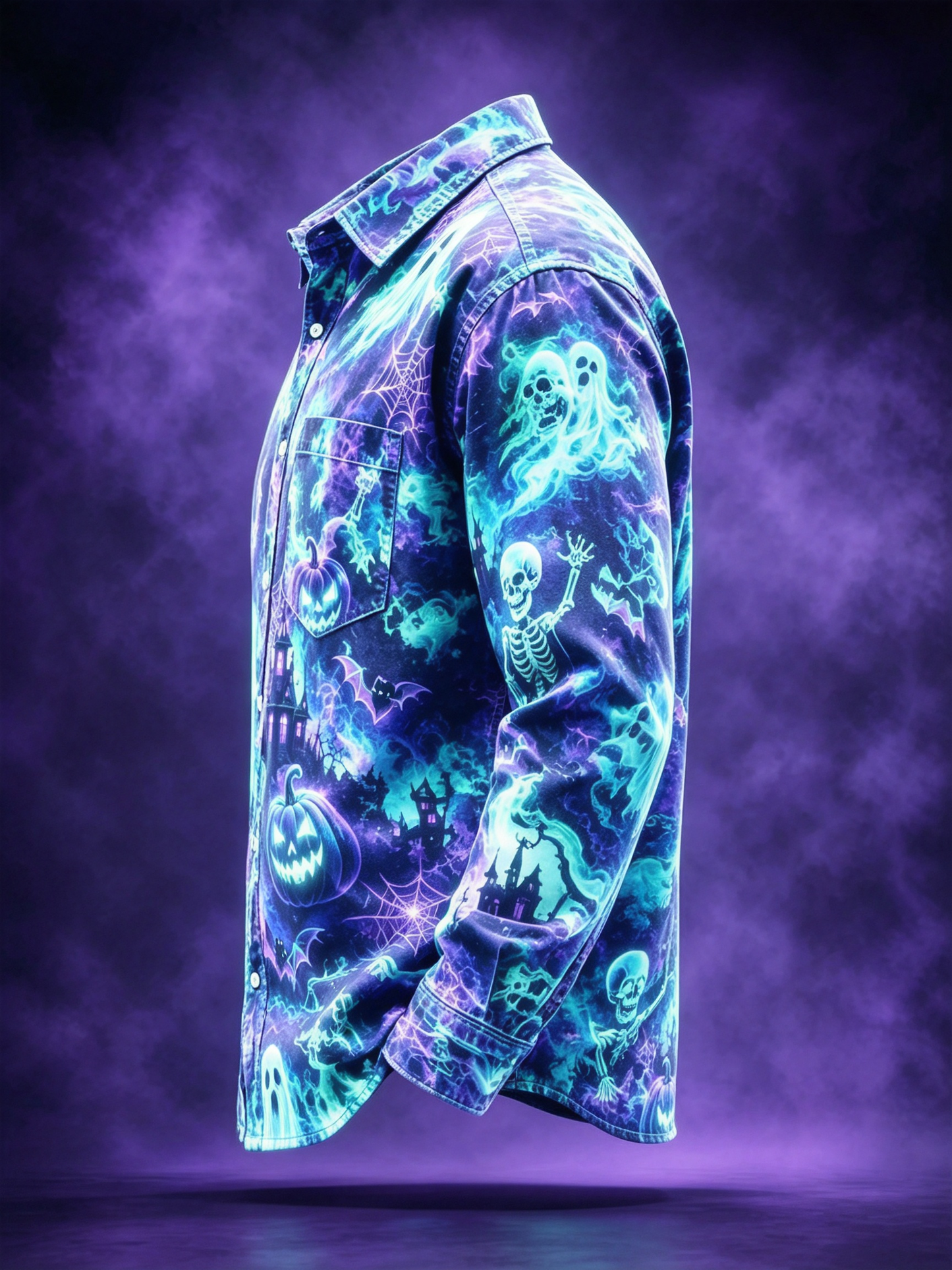Moisture-Wicking Halloween Castle Pumpkin Ghost Bat Chest Pocket Long-Sleeve Casual Shirt