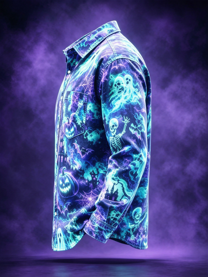 Moisture-Wicking Halloween Castle Pumpkin Ghost Bat Chest Pocket Long-Sleeve Casual Shirt