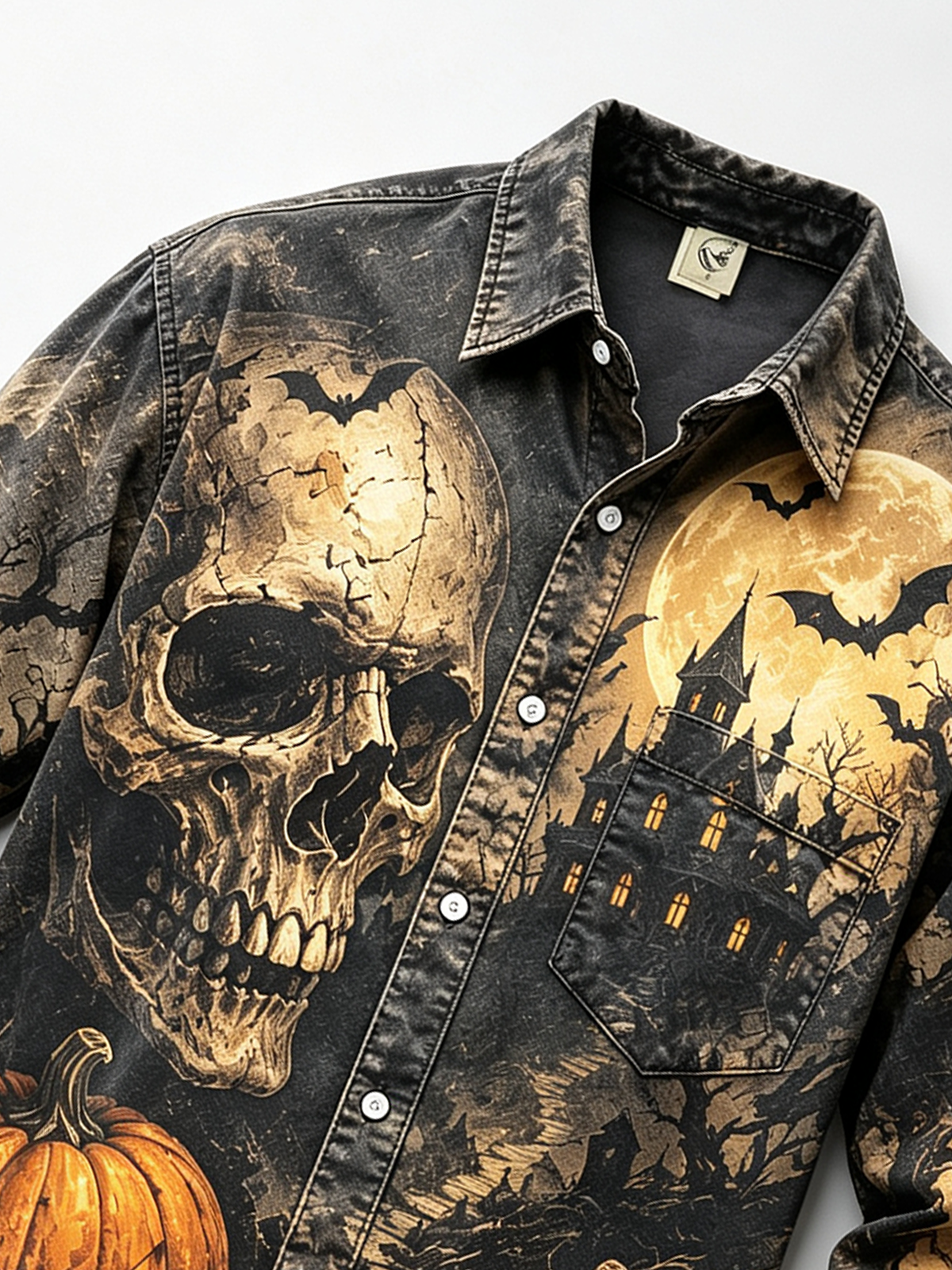 Moisture-Wicking Halloween Castle Pumpkin Skull Bat Print Chest Pocket Long-Sleeve Casual Shirt