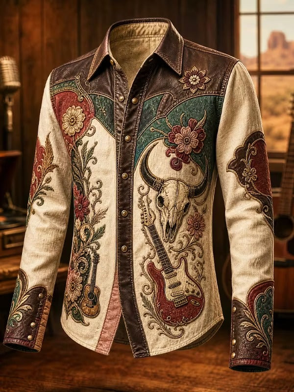 Men's Vintage Western Longhorn Skull Overlaid Electric Guitar Floral Print Long Sleeve Shirt
