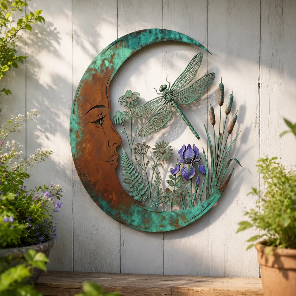 Rustic Moon Garden Metal Wall Art – Dragonfly, Bee, Fairy & Black Cat Outdoor Decor