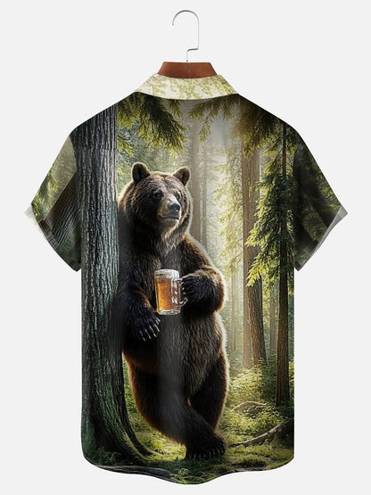 Moisture-wicking Brown Bear Fun Beer Chest Pocket Hawaiian Shirt