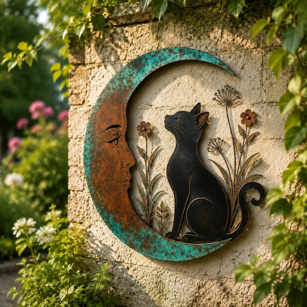 Rustic Moon Garden Metal Wall Art – Dragonfly, Bee, Fairy & Black Cat Outdoor Decor