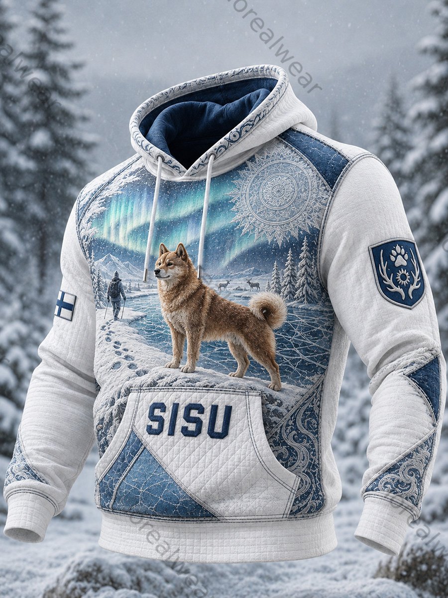 Men's Retro Nordic Hound Art Print Casual Comfortable Waffle Knit Hoodie