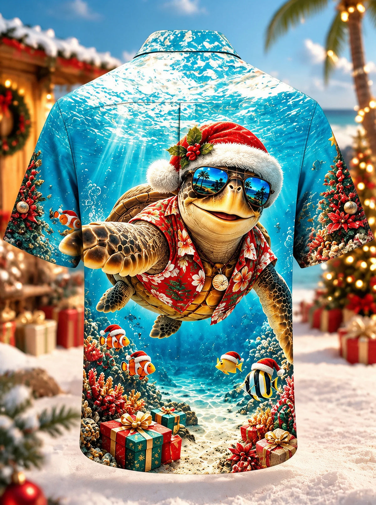 Moisture-Wicking Funny Sea Turtle Straw Hat Sunglasses Underwater Coral Reef Tropical Fish Chest Pocket Hawaiian Shirt