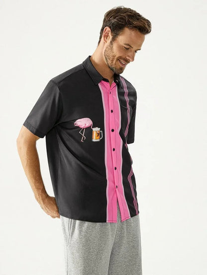 Hardaddy Flamingo Beer Chest Pocket Short Sleeve Bowling Shirt