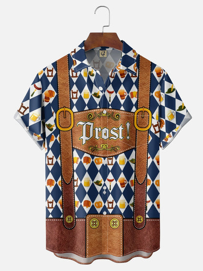 Moisture-Wicking Gradient Oktoberfest Bartender Beer & Pretzel Print  Chest Pocket Hawaiian Shirt