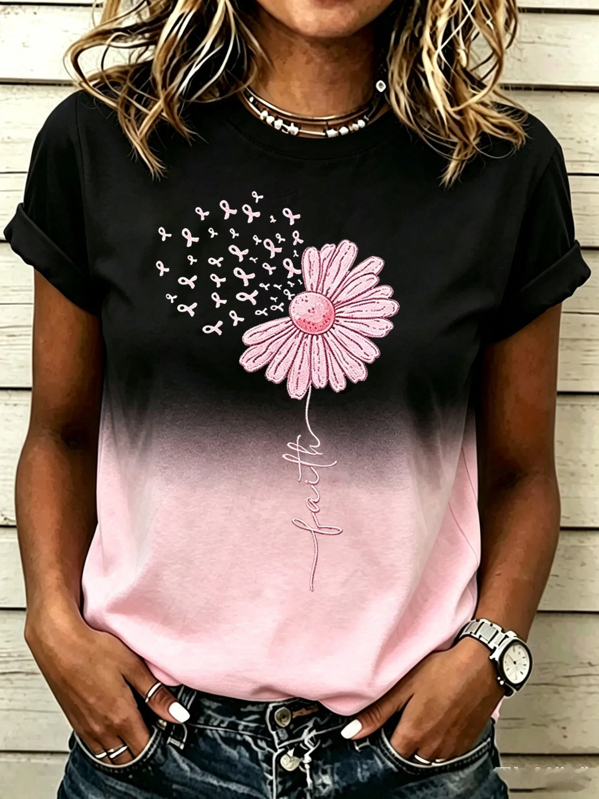 Women's Pink Breast Cancer Awareness Month Print Casual T-Shirt
