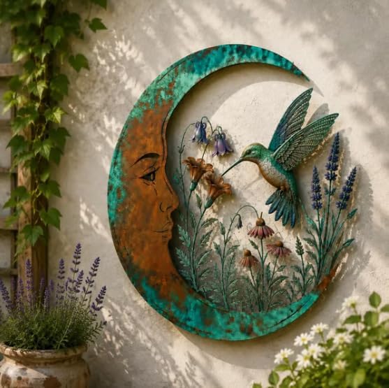 Rustic Moon Garden Metal Wall Art – Dragonfly, Bee, Fairy & Black Cat Outdoor Decor