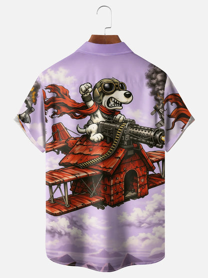 Moisture-Wicking Abstract Airplane & Dog Pattern and Chest Pocket Holiday Hawaiian Shirt