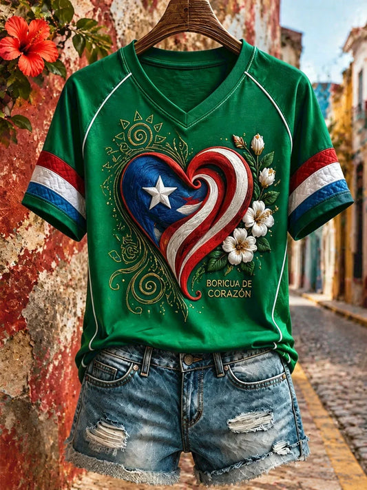 Women's Puerto Rico Floral Boricua Art Printed T-shirt