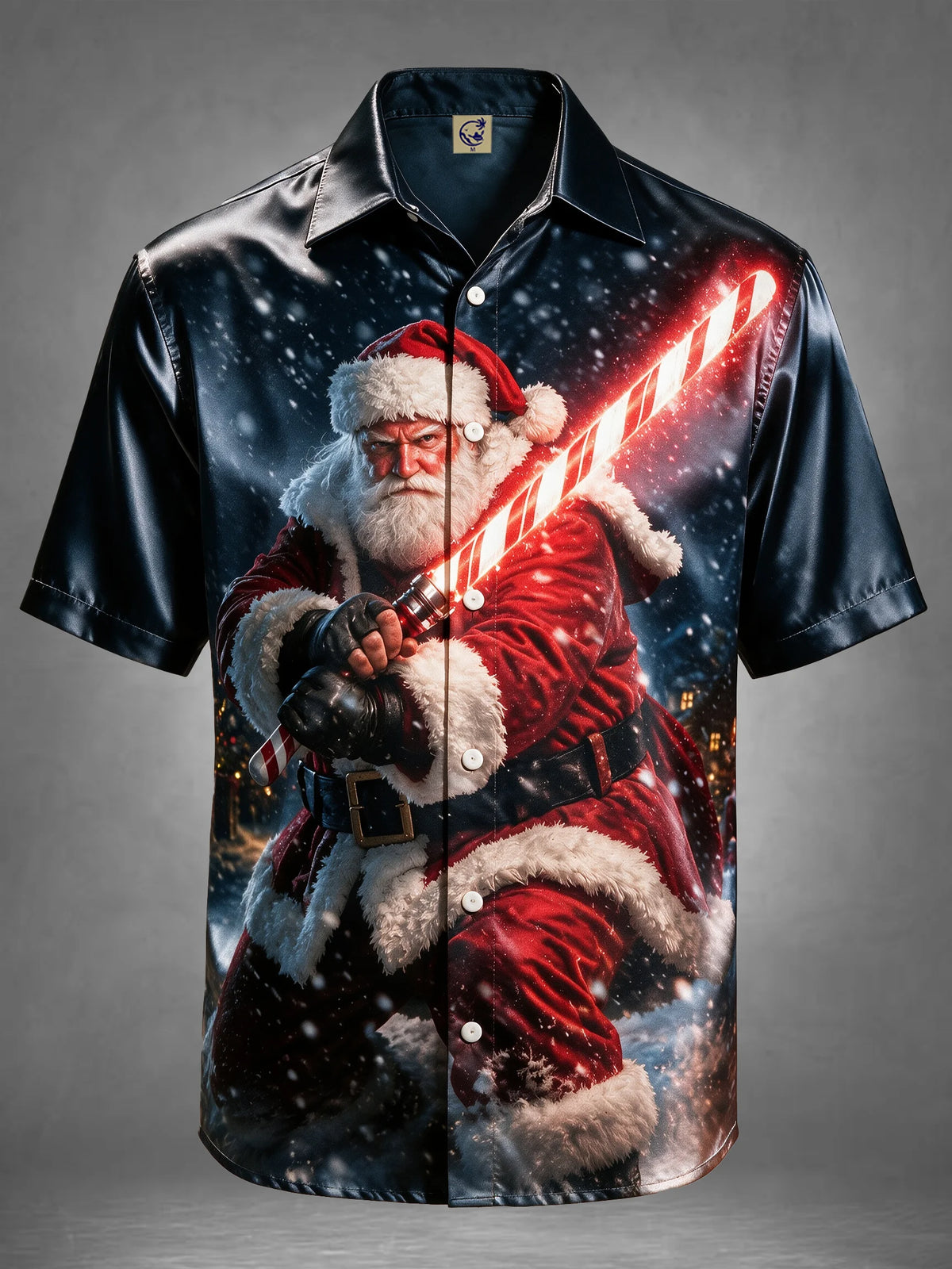 Breathable Silk Satin Christmas Sci‑Fi Warrior Santa Claus Candy Cane Lightsaber Winter Snow Scene Ocket Holiday Hawaiian Shirt