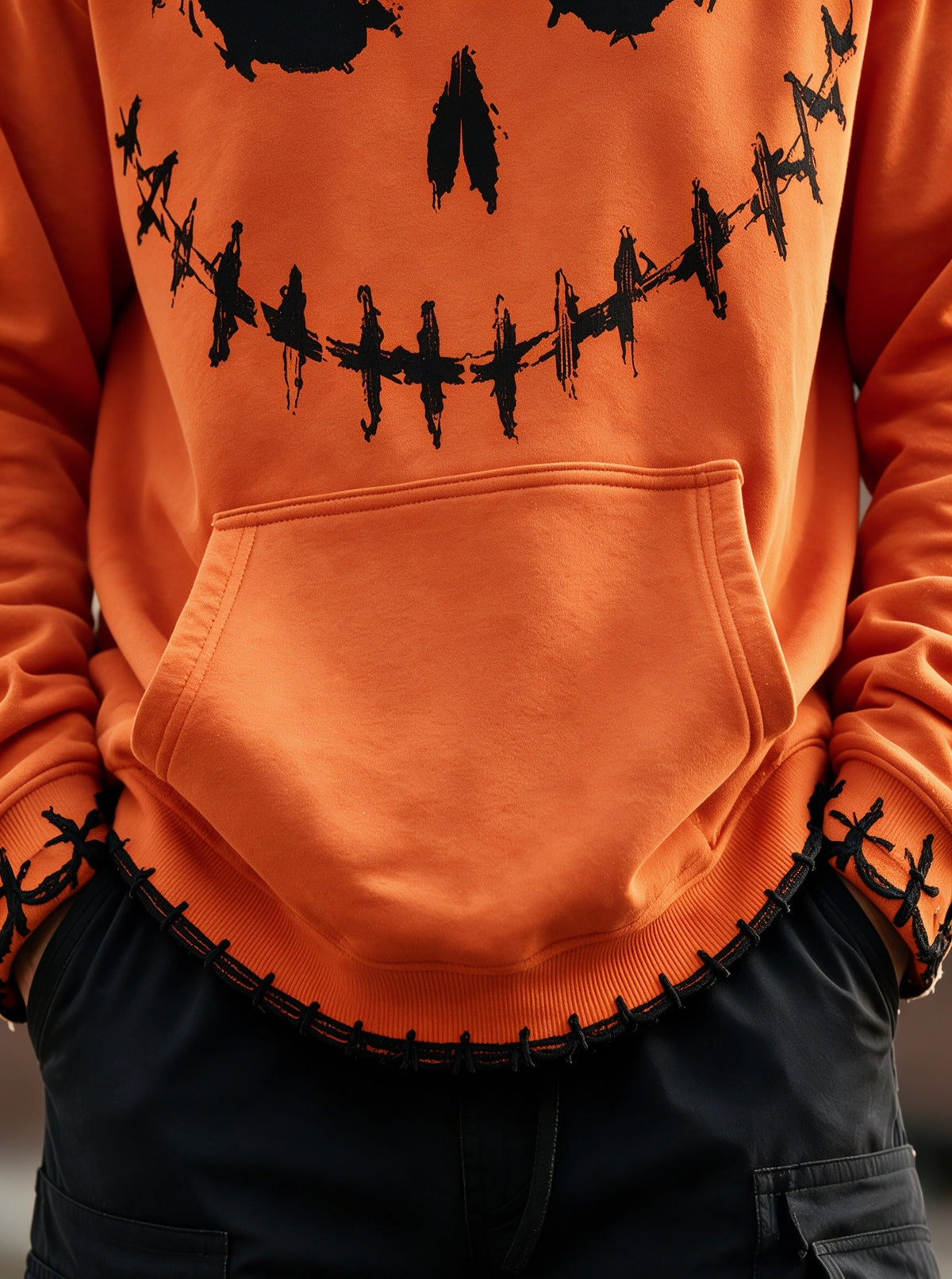 Halloween Stitched Pumpkin Face Cross‑Stitch Gothic Kangaroo-Pocket Hoodie Sweatshirt