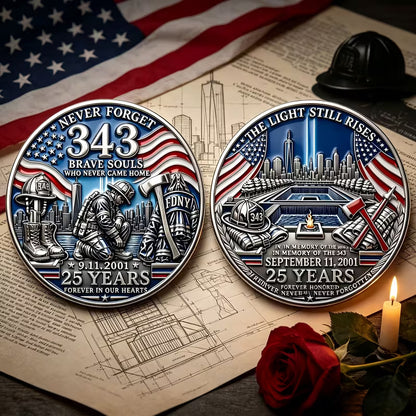 9/11 25th Anniversary Firefighter Challenge Coin - 343 Heroes Never Forget Memorial Coin
