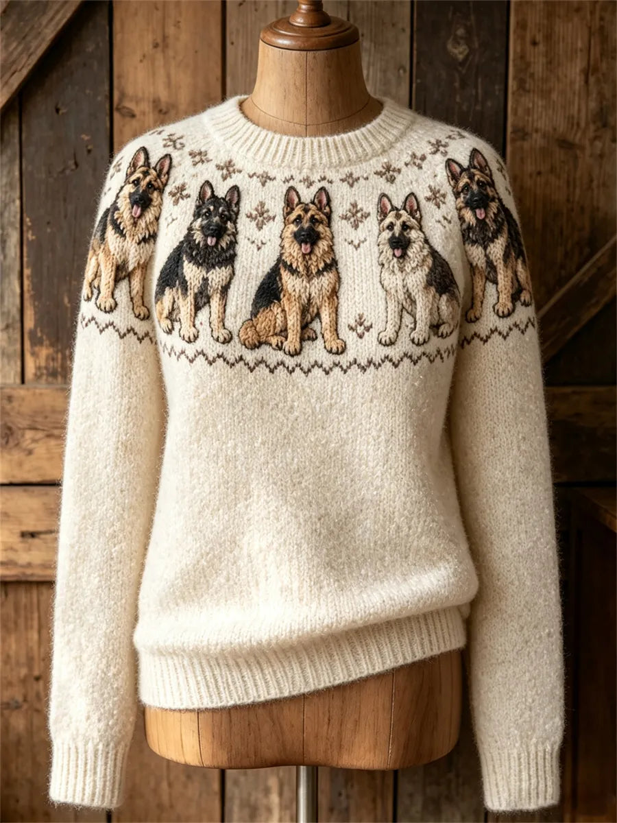 Women's Vintage German Shepherd Dogs Yoke Isle Print Cozy crew neck sweater