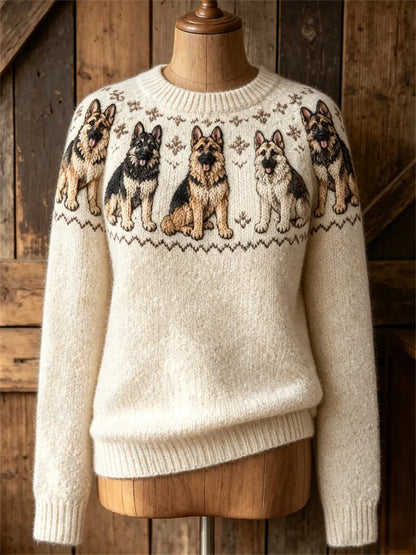 Women's Vintage German Shepherd Dogs Yoke Isle Print Cozy crew neck sweater